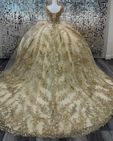 Champagne Ball Gown Off-Shoulder Lace & Beaded Tiered Tulle Quinceanera Dress for Sweet 16 & Birthday Celebrations